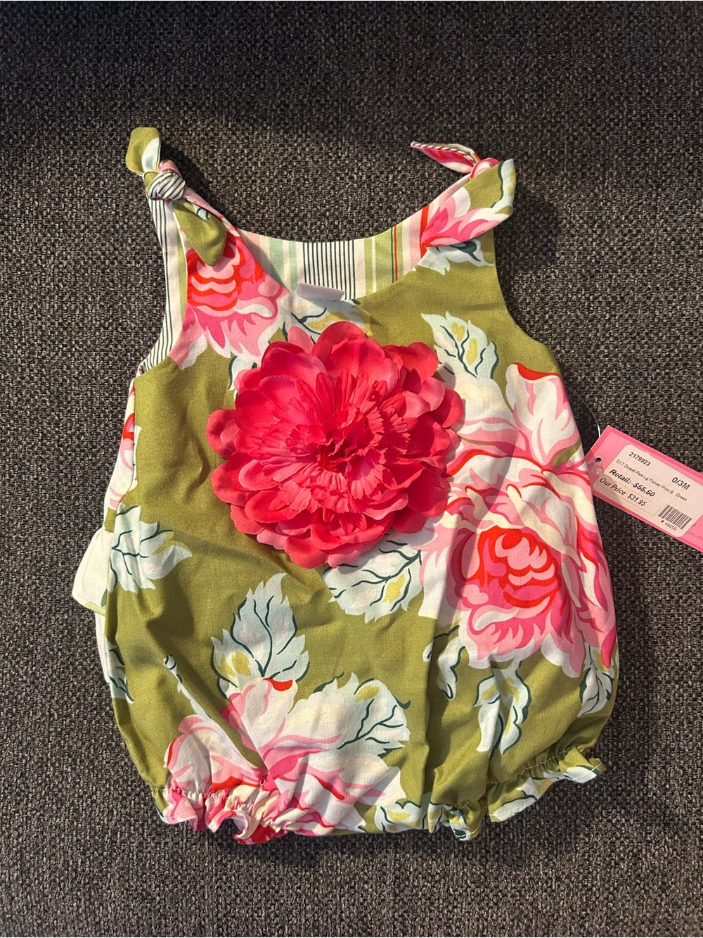 Baby Floral Bubble One-Piece Bodysuit with Pink Flower Accent - Olive Green